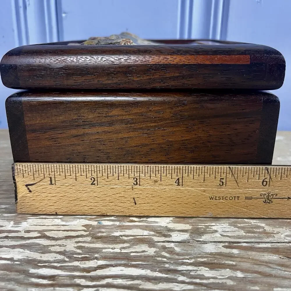 Vintage Handmade Mahogany Wood Box Ceramic Tile Lid Southwestern Cactus OOAK